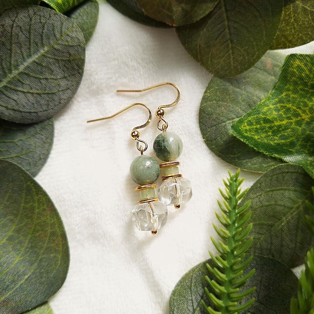 Green Jasper & Aventurine Earrings, 24k Gold Plated Dangles